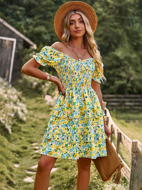 Floral print elastic U-neck tiered hem dress