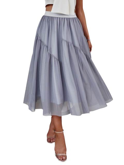 GAOVOT Women's Midi Skirt High Elastic Waist Pleated Chiffon Skirt Mesh Midi Skirt Prom Party Tulle Tutu A-Line Swing Skirt