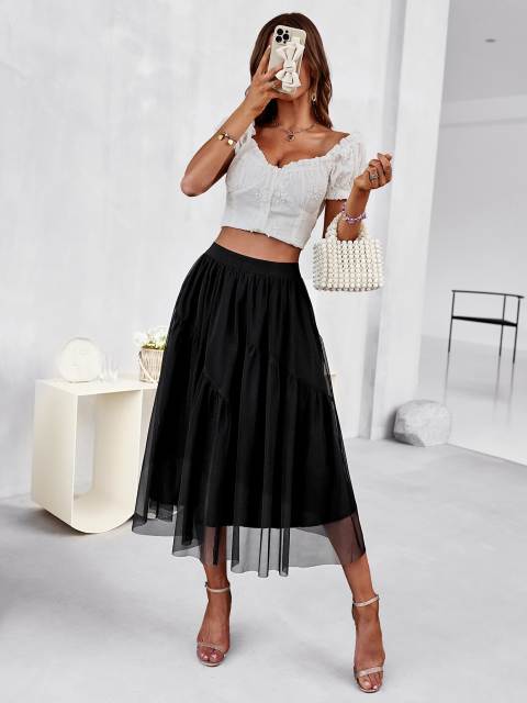 GAOVOT Women's Midi Skirt High Elastic Waist Pleated Chiffon Skirt Mesh Midi Skirt Prom Party Tulle Tutu A-Line Swing Skirt