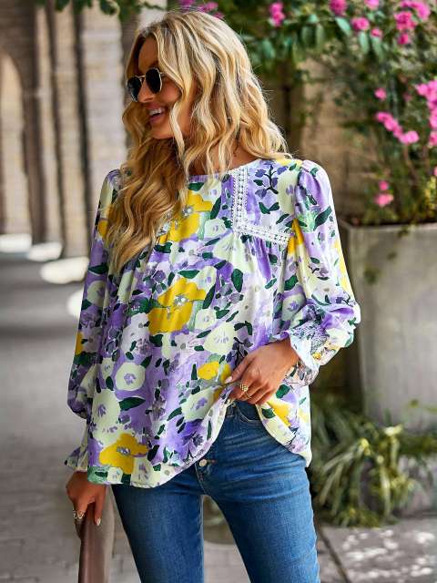 Lantern Sleeve Floral Print Shirt Top