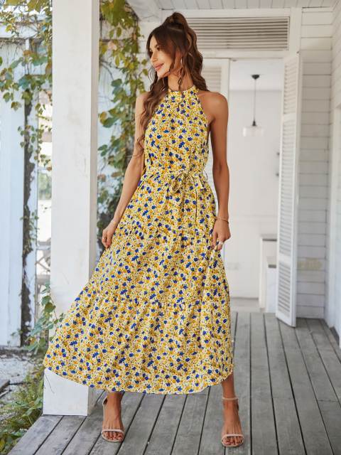 GAOVOT Women Summer Maxi Dress 2022 Sexy Halter Neck Sleeveless Bohemian Long Dress Floral Print Elegant Vestidos Female Robe