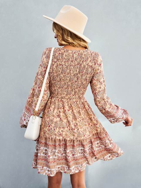 GAOVOT Fall V Neck Long Sleeve High Waist Boho Mini Dress For Women 2022 New Ladies Floral Print Ruffle Hem Elegant Dresses