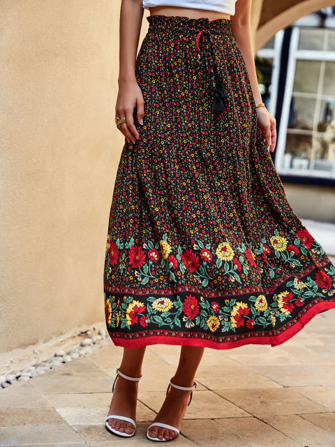 Vintage Drawstring Bohemian Floral Midi Skirt