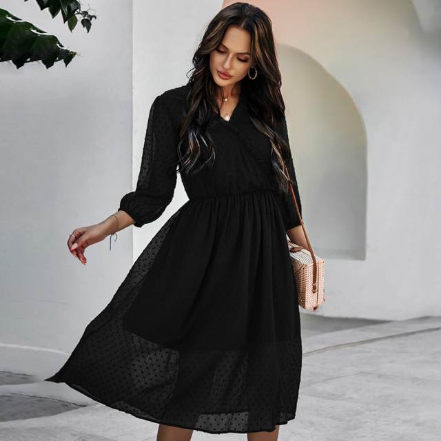 GAOVOT Women’s Fall Ruffle V-neck Long Lantern Sleeves Elegant Chiffon Dress Ladies Solid Color High Waist Midi Dresses 2022 New