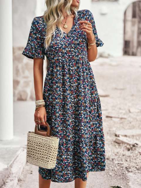 Floral Print V-neck Short-sleeved Vacation Dress