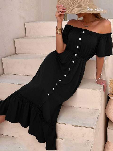 Off Shoulder Button Front Ruffle Hem Dress