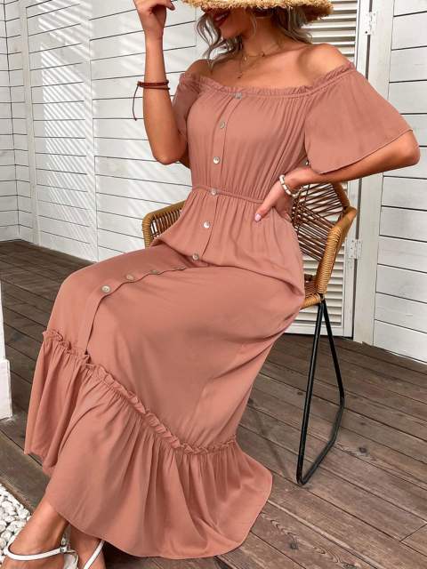 Off Shoulder Button Front Ruffle Hem Dress