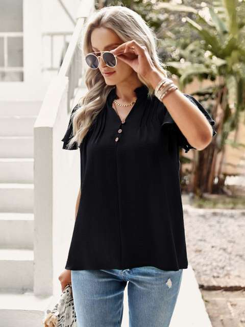 V-Neck Ruffle Sleeve Tee Blouse Tops