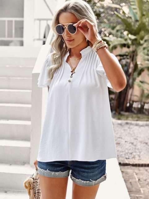 V-Neck Ruffle Sleeve Tee Blouse Tops