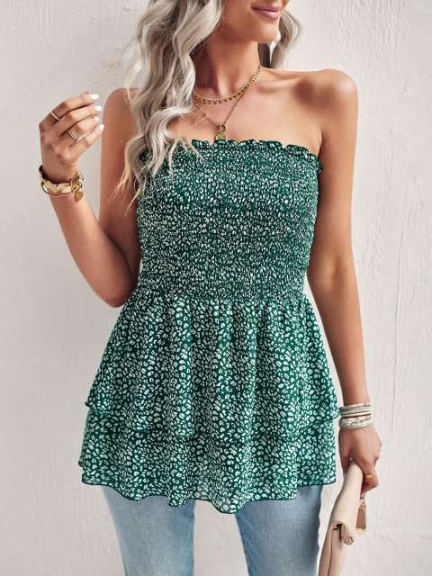 Strapless Bandeau Ruffle Hem Tiered Layer Tube Top