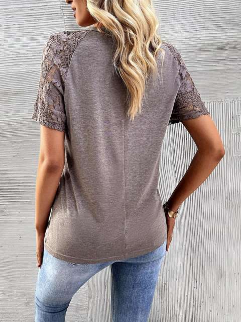 Casual Buttons Crewneck Lace Short Sleeve T Shirts