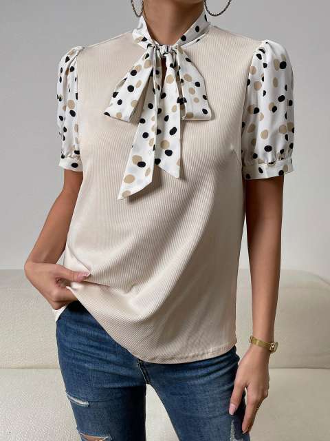 Polka Dot Bow Ribbon T Shirt Top