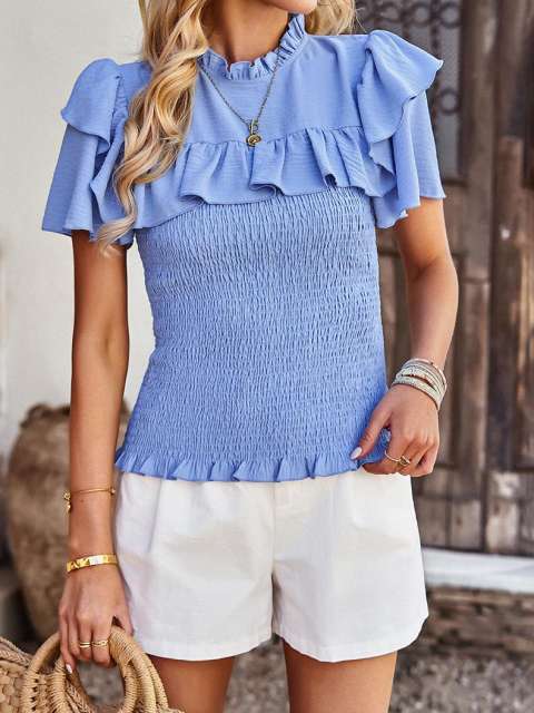 Solid Ruched Ruffle Flutter Sleeve Top