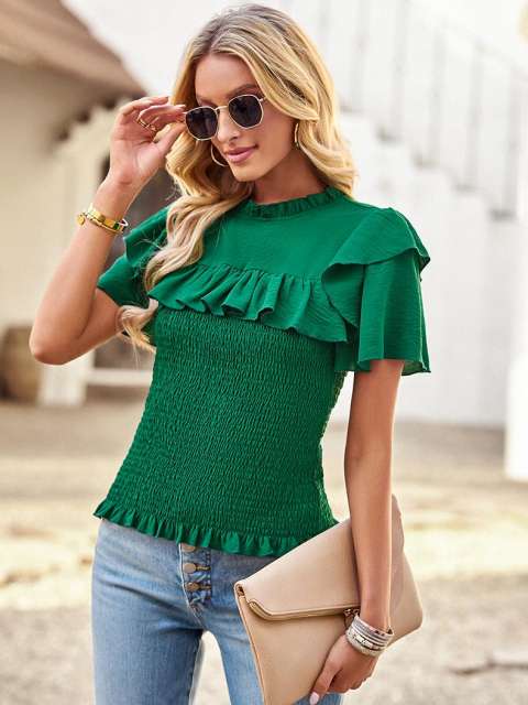 Solid Ruched Ruffle Flutter Sleeve Top