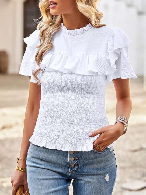 Solid Ruched Ruffle Flutter Sleeve Top