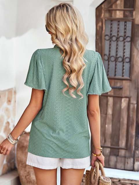 Frill Trim Round Neck Ruffle Sleeve Hollow Out T Shirt