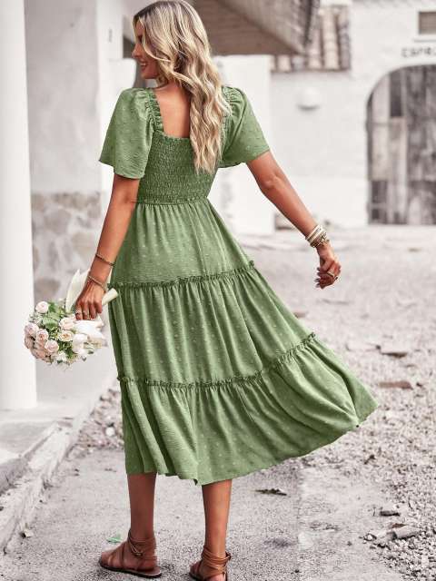 Solid High Waist Tiered Ruched Ruffle Dress