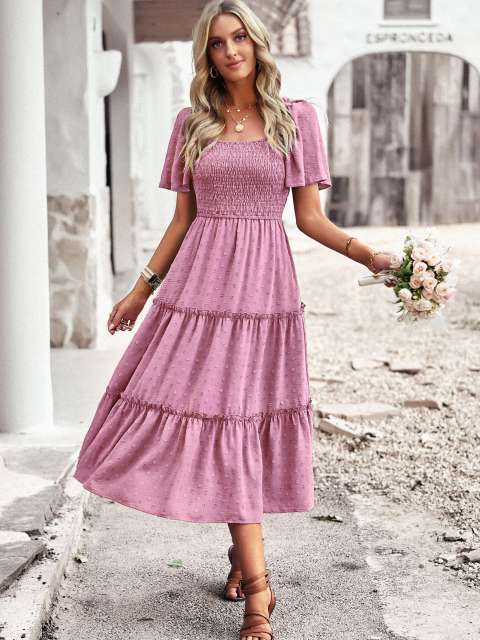 Solid High Waist Tiered Ruched Ruffle Dress