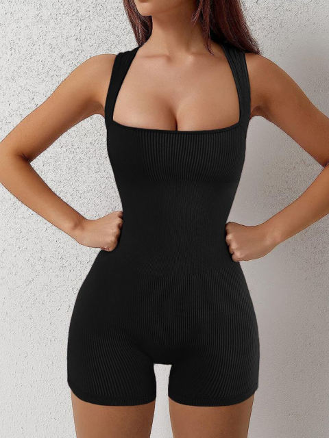Square Neck Ribbed Sling Bodycon Yoga Jumpsuit