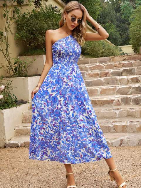 Floral One-Shoulder Tiered Ruffle Midi Dress
