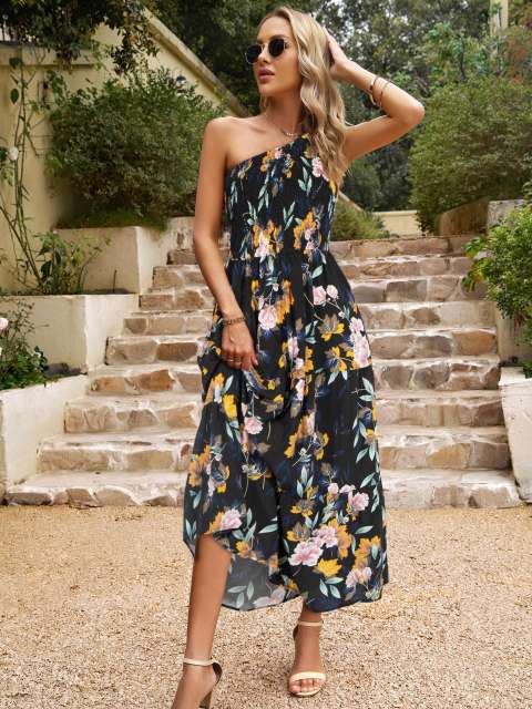 Floral One-Shoulder Tiered Ruffle Midi Dress