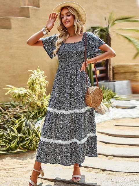 Square Neck Smocked Front Lace Trim Shirred Floral Maxi Dress