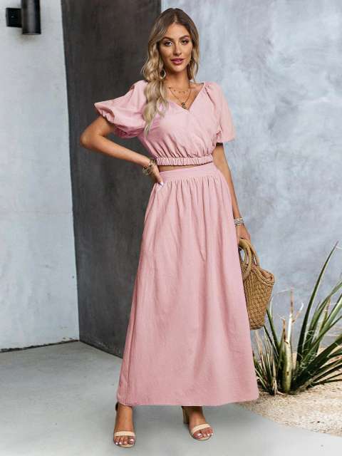 Solid V Neck Puff Sleeve Crop Top and Maxi Skirt Set