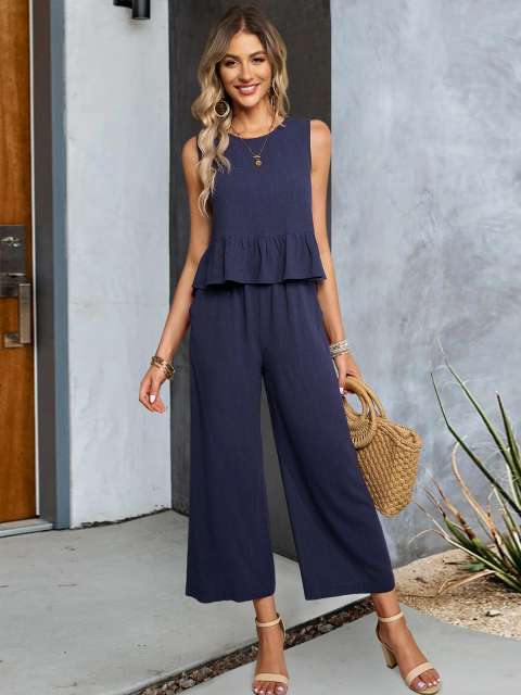 Sleeveless Ruffle Tank Top & Wide Leg Pants Sets