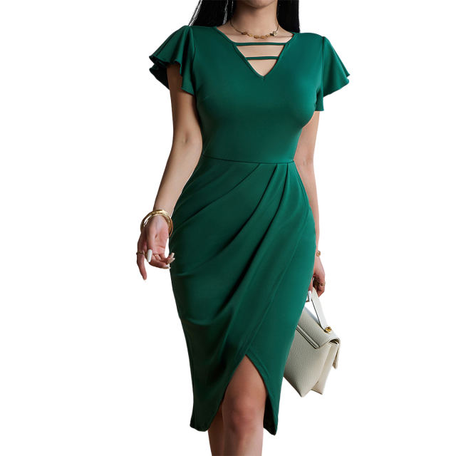 Cut Out V-Neck Ruffle Sleeve Irregular Hem Wrap Dress