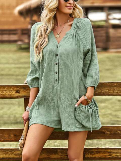 Cotton Linen V Neck Button Front 3/4 Sleeve Short Romper with Pockets