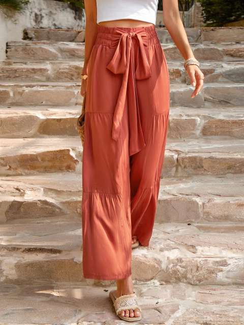 Tie Elastic High Waist Wide Leg Pant