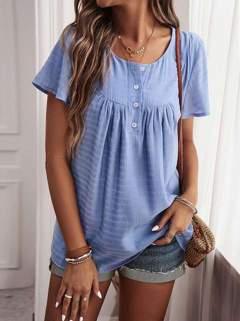 Scoop Neck Button Up Short-Sleeve Loose Tees