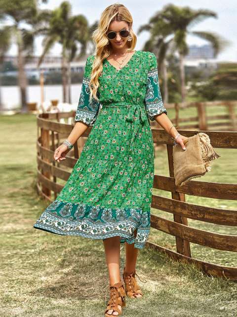 Floral Print Half-Sleeve Belted Midi Dress