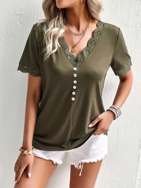 Short Sleeve V Neck Lace Trim  Casual Loose T Shirt Top