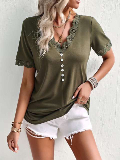 Short Sleeve V Neck Lace Trim  Casual Loose T Shirt Top