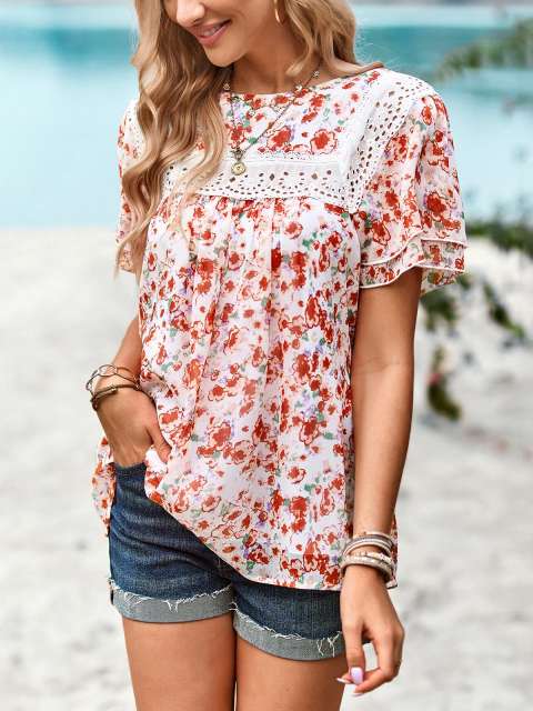 Floral Lace Splicing Ruffle Sleeve T-Shirts Top