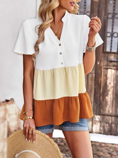 Colorblock Button V-Neck Ruffle Hem Blouse Tees