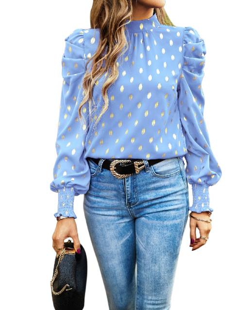 Gold Dot Print Mock Neck Tie Back Blouse