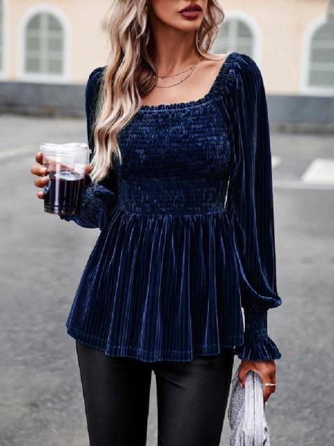 Ruched Bust Lantern Sleeve Velvet Peplum Blouse