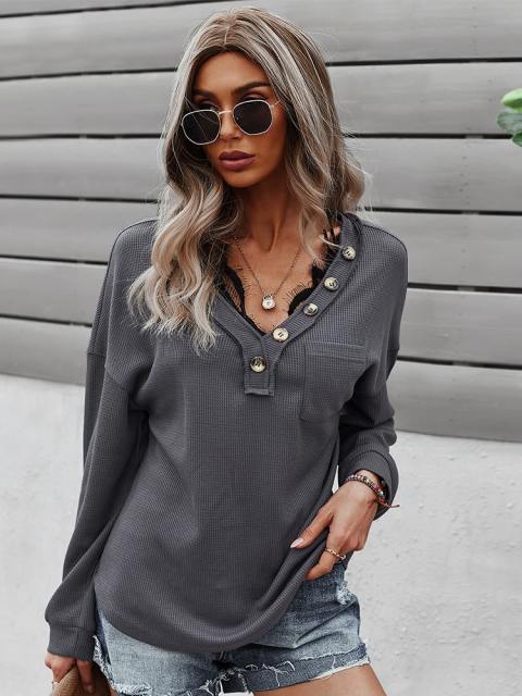 Waffle Knit V Neck Long Sleeve T Shirt Tops