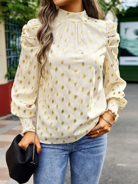 Gold Dot Print Mock Neck Tie Back Blouse