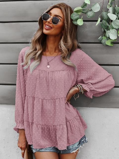 Round Neck Clip Dot Tiered Ruffle Long Sleeve Blouse