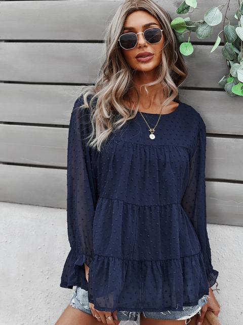 Round Neck Clip Dot Tiered Ruffle Long Sleeve Blouse