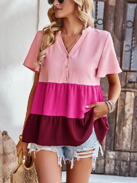 Colorblock Button V-Neck Ruffle Hem Blouse Tees