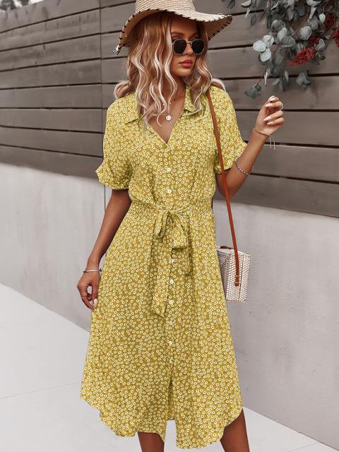 Boho Floral Button Down Belted Midi Dress
