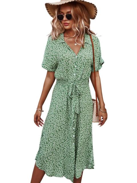 Boho Floral Button Down Belted Midi Dress