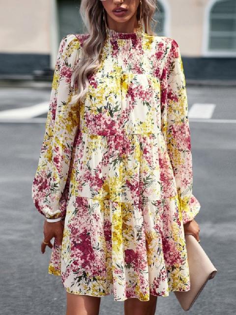 Petals Print Puff Sleeves Ruffle Dress