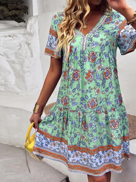 V Neck Floral Print Boho Beach Party Dress