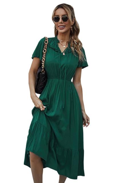 V Neck With Drawstring Ruffle Long Beach Dress