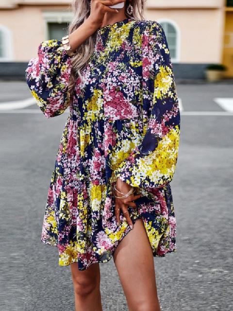 Petals Print Puff Sleeves Ruffle Dress